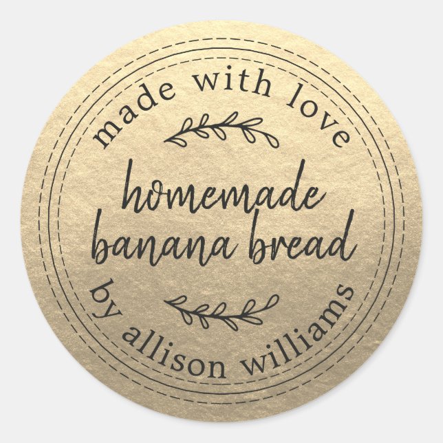 Rustic Homemade Banana Bread Gold Classic Round Sticker (Front)