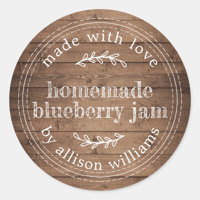 Rustic Homemade Blueberry Jam Barn Wood Classic Round Sticker (Front)