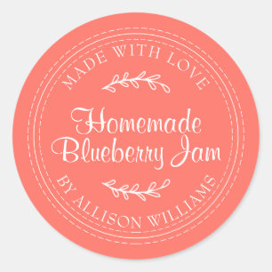 Rustic Homemade Blueberry Jam Canning Bright Coral Classic Round Sticker