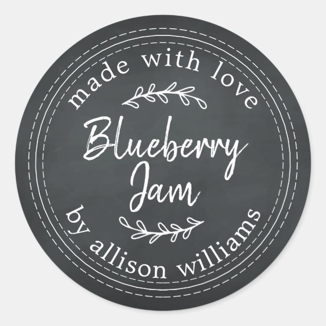 Rustic Homemade Blueberry Jam Canning Chalkboard Classic Round Sticker (Front)