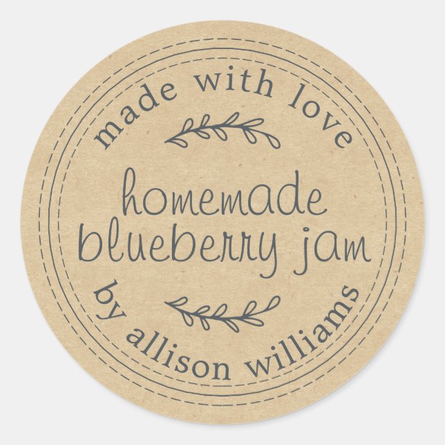 Rustic Homemade Blueberry Jam Canning Kraft Paper Classic Round Sticker (Front)