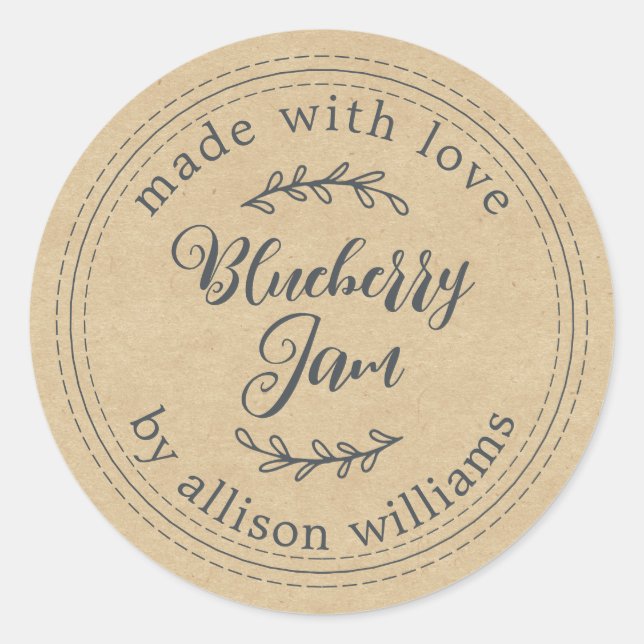Rustic Homemade Blueberry Jam Canning Kraft Paper Classic Round Sticker (Front)