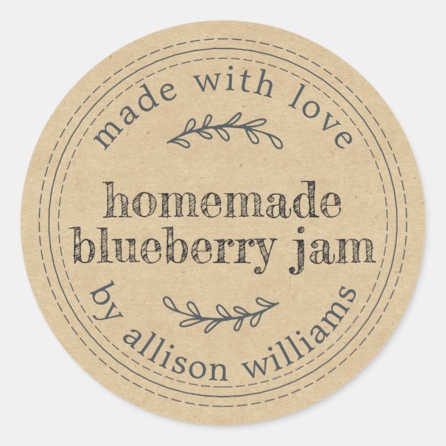 Rustic Homemade Blueberry Jam Canning Kraft Paper Classic Round Sticker (Front)