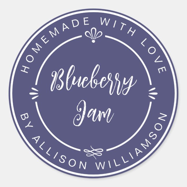 Rustic Homemade Blueberry Jam Canning Navy Blue Classic Round Sticker (Front)