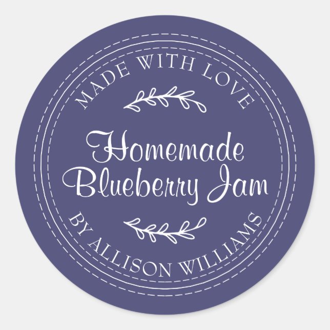 Rustic Homemade Blueberry Jam Canning Navy Blue Classic Round Sticker (Front)