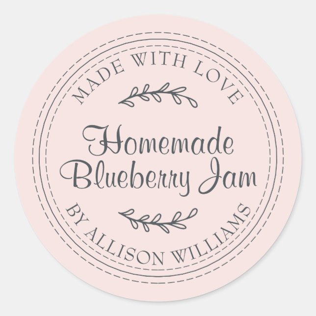 Rustic Homemade Blueberry Jam Canning Pastel Pink Classic Round Sticker (Front)