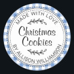 Rustic Homemade Christmas Cookies Blue Check Classic Round Sticker<br><div class="desc">Rustic, modern and simple homemade baked goods apple pie sticker with the text made with love, Christmas cookies and your name in elegant handwritten script calligraphy and typography on a cornflower blue check pattern background with a stylish touch of foliage. Simply add your name and the product name to the...</div>