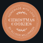 Rustic Homemade Christmas Cookies Burnt Orange Classic Round Sticker<br><div class="desc">Rustic and modern homemade baked goods sticker with the text homemade with love, christmas cookies and your name in modern typography on a burnt orange background. Simply add your name and the product name to the label. Exclusively designed for you by Happy Dolphin Studio. If you need any help or...</div>