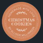 Rustic Homemade Christmas Cookies Burnt Orange Classic Round Sticker<br><div class="desc">Rustic and modern homemade baked goods sticker with the text homemade with love, christmas cookies and your name in modern typography on a burnt orange background. Simply add your name and the product name to the label. Exclusively designed for you by Happy Dolphin Studio. If you need any help or...</div>