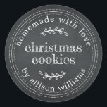 Rustic Homemade Christmas Cookies Chalkboard Classic Round Sticker<br><div class="desc">Rustic and modern homemade Christmas cookies sticker with the text homemade with love,  Christmas cookies and your name in modern script on a chalkboard background. Simply add your name and the product name to the label. Exclusively designed for you by Happy Dolphin Studio.</div>