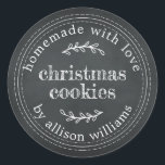 Rustic Homemade Christmas Cookies Chalkboard Classic Round Sticker<br><div class="desc">Rustic and modern homemade Christmas cookies sticker with the text homemade with love,  Christmas cookies and your name in modern script on a chalkboard background. Simply add your name and the product name to the label. Exclusively designed for you by Happy Dolphin Studio.</div>