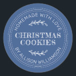 Rustic Homemade Christmas Cookies Classic Blue Classic Round Sticker<br><div class="desc">Rustic and modern homemade baked goods sticker with the text homemade with love, christmas cookies and your name in modern typography on a classic blue background. Simply add your name and the product name to the label. Exclusively designed for you by Happy Dolphin Studio. If you need any help or...</div>