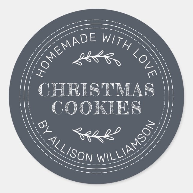 Rustic Homemade Christmas Cookies Dark Blue Classic Round Sticker (Front)