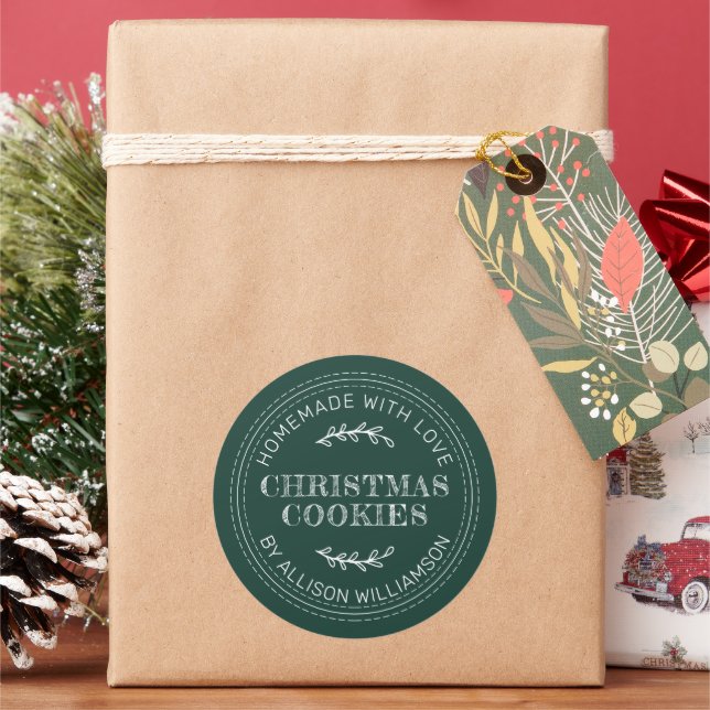 Rustic Homemade Christmas Cookies Dark Green Classic Round Sticker (Holiday)