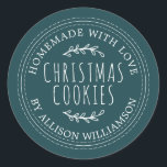 Rustic Homemade Christmas Cookies Deep Teal Classic Round Sticker<br><div class="desc">Rustic and modern homemade baked goods sticker with the text homemade with love, christmas cookies and your name in stylish typography on a deep teal background. Simply add your name and the product name to the label. Exclusively designed for you by Happy Dolphin Studio. If you need any help or...</div>