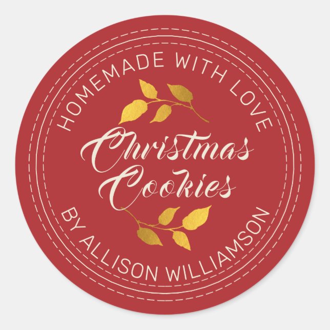 Rustic Homemade Christmas Cookies Festive Red Classic Round Sticker (Front)