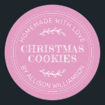 Rustic Homemade Christmas Cookies Fuchsia Pink Classic Round Sticker<br><div class="desc">Rustic and modern homemade baked goods sticker with the text homemade with love, christmas cookies and your name in modern typography on a fuchsia pink background. Simply add your name and the product name to the label. Exclusively designed for you by Happy Dolphin Studio. If you need any help or...</div>