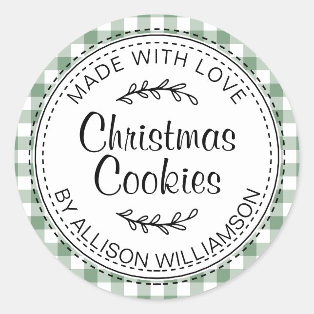 Rustic Homemade Christmas Cookies Green Check Classic Round Sticker (Front)