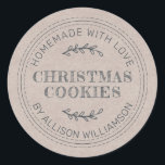 Rustic Homemade Christmas Cookies Kraft Paper Classic Round Sticker<br><div class="desc">Rustic and modern homemade baked goods sticker with the text homemade with love, christmas cookies and your name in modern typography on a kraft paper background. Simply add your name and the product name to the label. Exclusively designed for you by Happy Dolphin Studio. If you need any help or...</div>