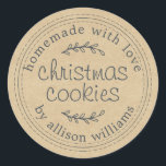 Rustic Homemade Christmas Cookies Kraft Paper Classic Round Sticker<br><div class="desc">Rustic and modern homemade Christmas cookies ticker with the text homemade with love,  Christmas cookies and your name in modern script on a kraft paper background. Simply add your name and the product name to the label. Exclusively designed for you by Happy Dolphin Studio.</div>
