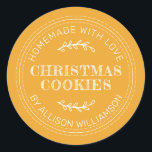 Rustic Homemade Christmas Cookies Mellow Yellow Classic Round Sticker<br><div class="desc">Rustic and modern homemade baked goods sticker with the text homemade with love, christmas cookies and your name in modern typography on a mellow yellow background. Simply add your name and the product name to the label. Exclusively designed for you by Happy Dolphin Studio. If you need any help or...</div>