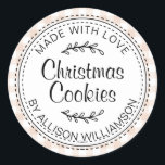 Rustic Homemade Christmas Cookies Pink Check Classic Round Sticker<br><div class="desc">Rustic, modern and simple homemade baked goods apple pie sticker with the text made with love, Christmas cookies and your name in elegant handwritten script calligraphy and typography on a pastel pink check pattern background with a stylish touch of foliage. Simply add your name and the product name to the...</div>