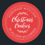 Rustic Homemade Christmas Cookies Red Classic Round Sticker<br><div class="desc">Rustic and modern homemade baked goods sticker with the text homemade with love, christmas cookies and your name in handwritten script calligraphy and modern typography on a bright red background. Simply add your name and the product name to the label. Exclusively designed for you by Happy Dolphin Studio. If you...</div>