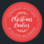 Rustic Homemade Christmas Cookies Red Classic Round Sticker<br><div class="desc">Rustic and modern homemade baked goods sticker with the text homemade with love, christmas cookies and your name in handwritten script calligraphy and modern typography on a bright red background. Simply add your name and the product name to the label. Exclusively designed for you by Happy Dolphin Studio. If you...</div>