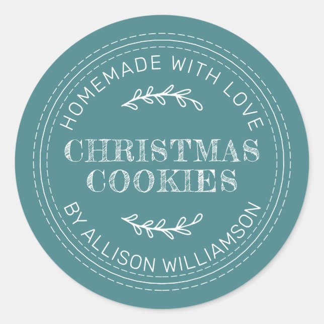 Rustic Homemade Christmas Cookies Teal Classic Round Sticker (Front)