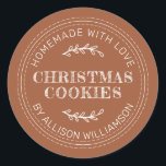 Rustic Homemade Christmas Cookies TerraCotta Classic Round Sticker<br><div class="desc">Rustic and modern homemade baked goods sticker with the text homemade with love, christmas cookies and your name in modern typography on a terracotta background. Simply add your name and the product name to the label. Exclusively designed for you by Happy Dolphin Studio. If you need any help or matching...</div>