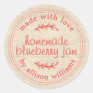 Rustic Homemade Jam Canning Red Script Linen Classic Round Sticker