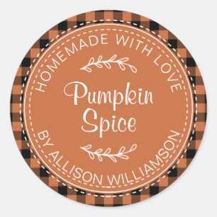 Rustic Homemade Pumpkin Spice Burnt Orange Check Classic Round Sticker