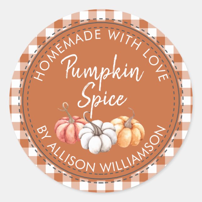 Rustic Homemade Pumpkin Spice Burnt Orange Check Classic Round Sticker (Front)