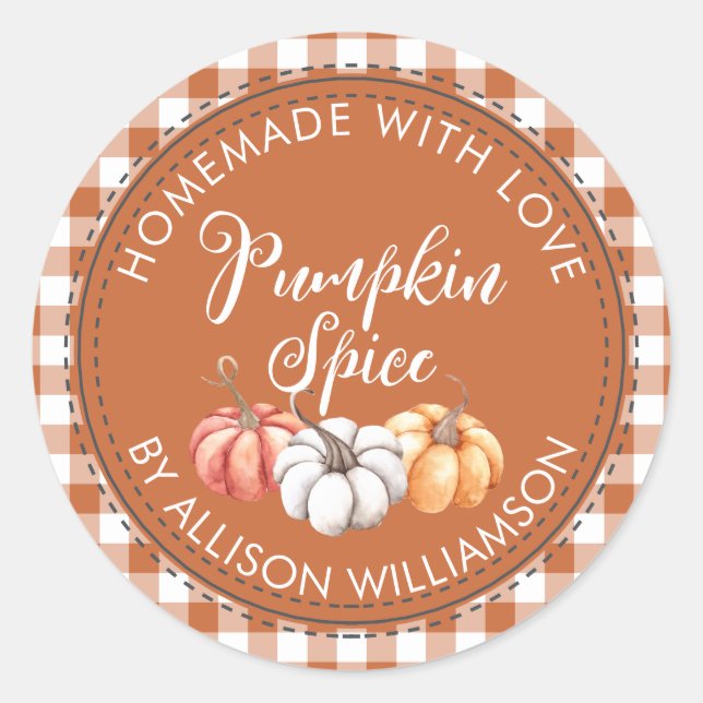 Rustic Homemade Pumpkin Spice Burnt Orange Check Classic Round Sticker (Front)