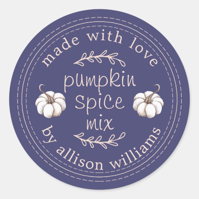 Rustic Homemade Pumpkin Spice Mix Navy Blue Classic Round Sticker (Front)