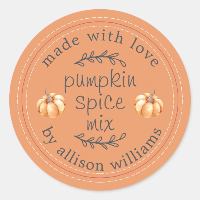 Rustic Homemade Pumpkin Spice Mix Orange Classic Round Sticker (Front)