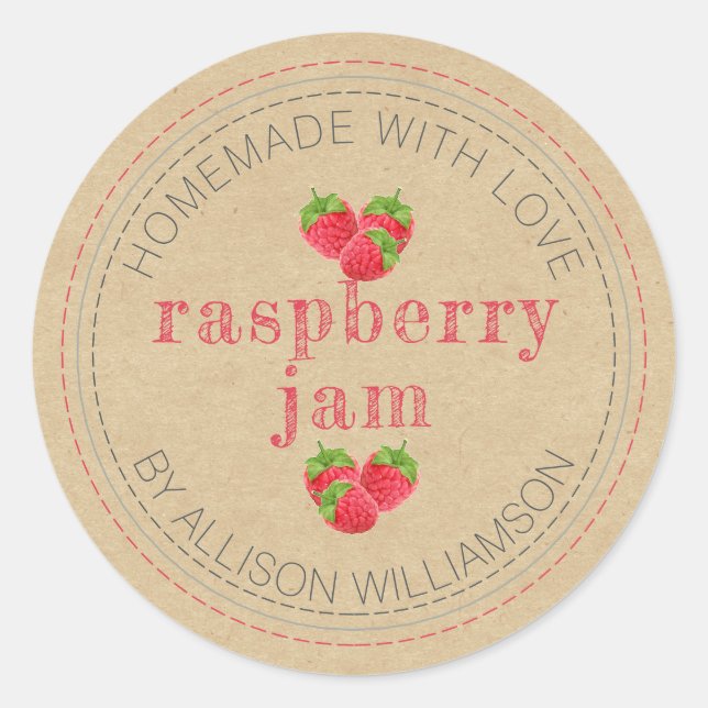 Rustic Homemade Raspberry Jam Can Kraft Paper Jar Classic Round Sticker (Front)