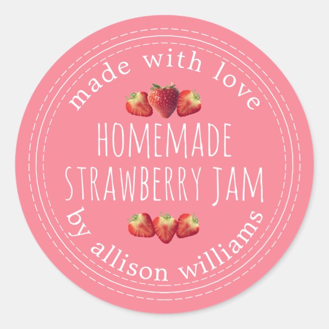 Rustic Homemade Strawberry Jam Pink Classic Round Sticker (Front)