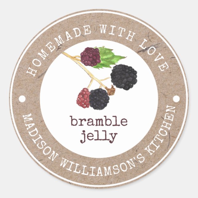Rustic Homemade with Love Blackberry Bramble Jelly Classic Round Sticker (Front)