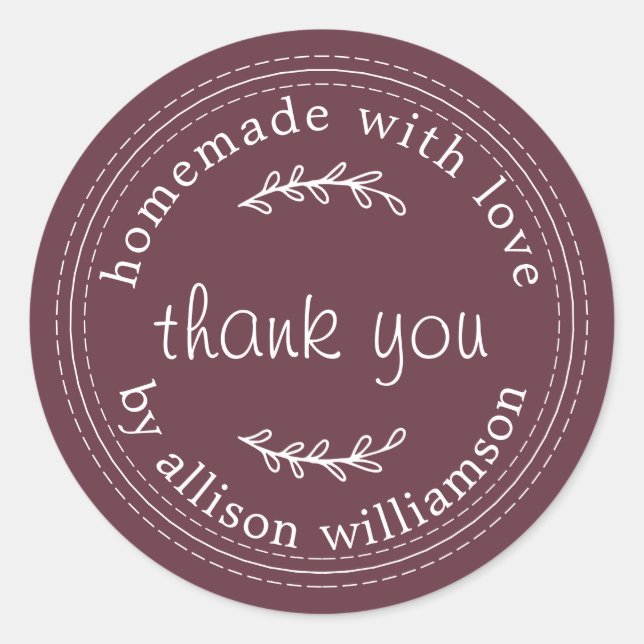 Rustic Homemade With Love Burgundy Thank You Classic Round Sticker (Front)