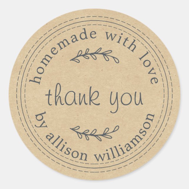 Rustic Homemade With Love Kraft Paper Thank You Classic Round Sticker (Front)