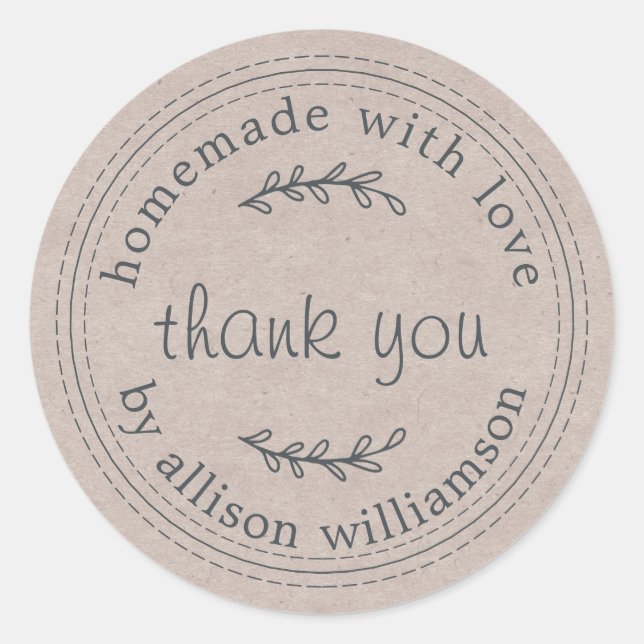 Rustic Homemade With Love Kraft Paper Thank You Classic Round Sticker (Front)