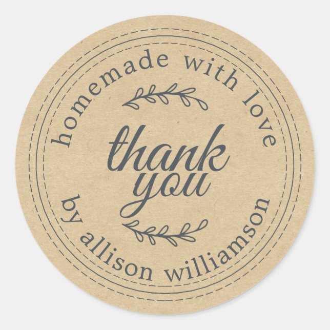 Rustic Homemade With Love Kraft Paper Thank You Classic Round Sticker (Front)