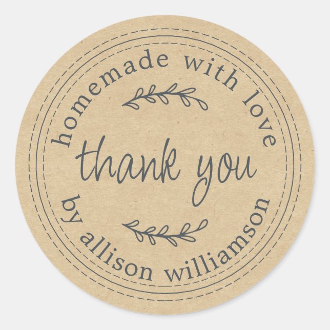 Rustic Homemade With Love Kraft Paper Thank You Classic Round Sticker (Front)