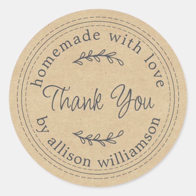 Rustic Homemade With Love Kraft Paper Thank You Classic Round Sticker (Front)
