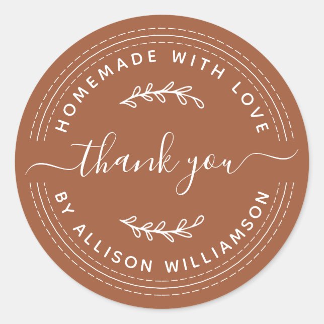 Rustic Homemade With Love TerraCotta Thank You Classic Round Sticker (Front)