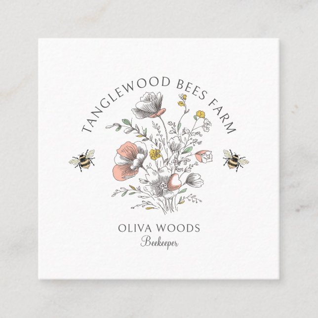 Rustic Honey Bee Florals Apiary Beekeeper Honey Square Business Card (Front)