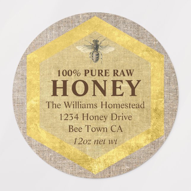 Rustic Honey Jar Label Honey Bee & Apiary Name (Design 1)