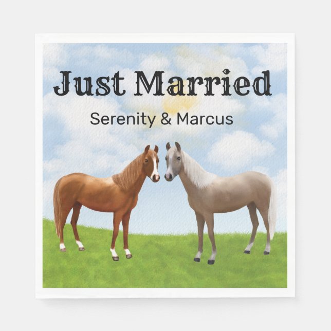 Rustic Horse Country Just Married Western Wedding Napkin (Front)