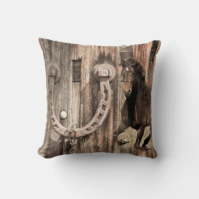 Rustic Horse Horseshoe on Barn Wood Throw Pillow (Front)
